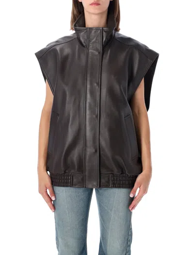 Balenciaga Sleeveless Lamb Leather Blouson With Stand Collar And Fitted Waist In Marrone