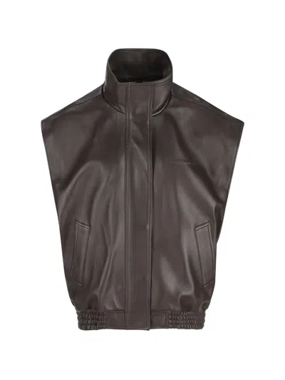 Balenciaga Sleeveless Lamb Leather Blouson With Stand Collar And Fitted Waist In Marrone