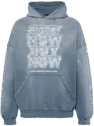 Balenciaga Large Fit Cotton Hoodie In Washed Blue