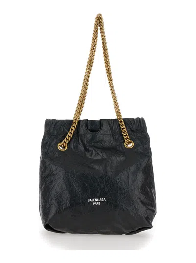 Balenciaga 'small Crush' Black Tote Bag With Logo Print In Crush Leather Woman