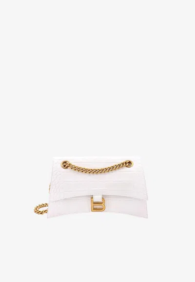 Balenciaga Small Crush Croc-embossed Leather Shoulder Bag In White