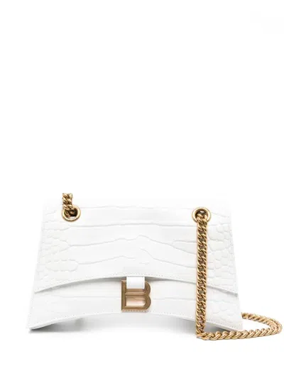 Balenciaga Croco Leather Shoulder Bag With Metal Monogram In White
