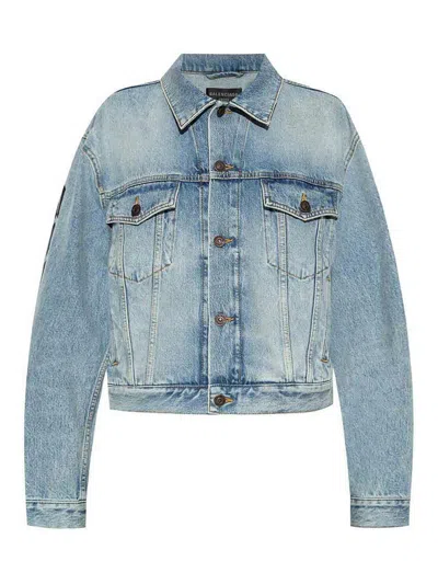 Alexander Wang Balenciaga Light Blue Cropped Jacket With Logo Patch At The Back In Cotton Denim Woman