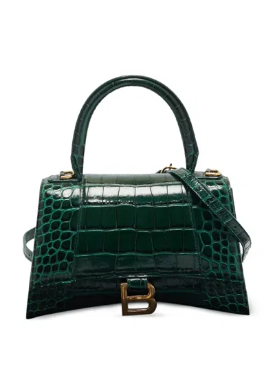 Pre-owned Balenciaga Small Hourglass Crocodile-embossed Leather Tote Bag In Green
