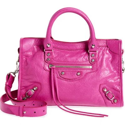 Balenciaga Small Le City Crinkle Leather Top Handle Bag In Rose Magenta