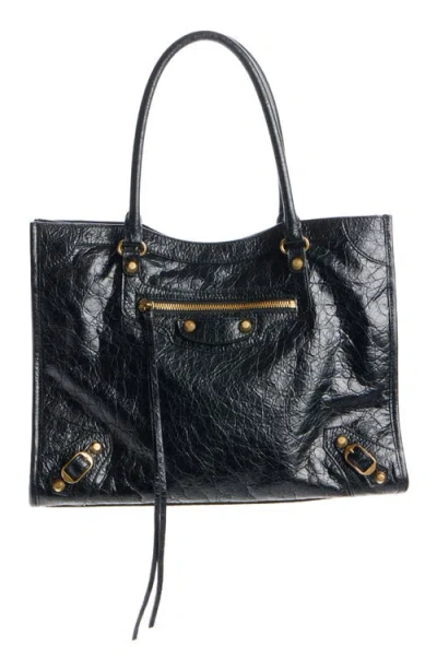 Balenciaga Small Le City Crinkled Leather Tote In Black