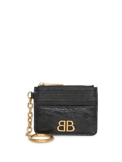 Balenciaga Monaco Leather Card Holder Keychain Attachment In Black