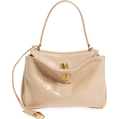 Balenciaga Small Rodeo Croc Embossed Leather Top Handle Bag In Beige