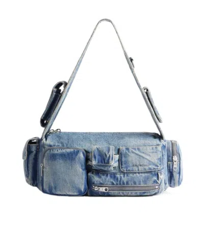 Balenciaga Small Superbusy Denim Shoulder Bag In Blue