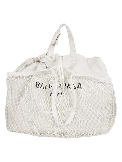 Balenciaga Soft Fabric And Mesh Drawstring Bag In White