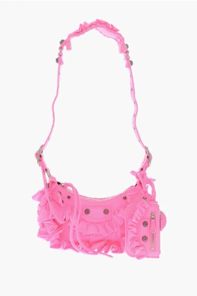 Balenciaga Solid Color Fabric Le Cagole Shoulder Bag With Ruffles In Pink