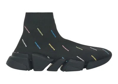 Pre-owned Balenciaga Speed 2.0 Allover Logo Recycled Knit (women's) Sneakers In Black