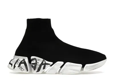 Pre-owned Balenciaga Speed 2.0 Graffiti Recycled Knit (women's) Sneakers In Black/white