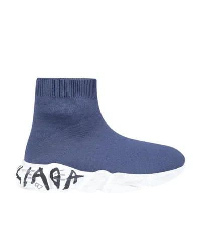 Balenciaga Kids' Speed Graffiti Recycled Knit Sneaker In Blue