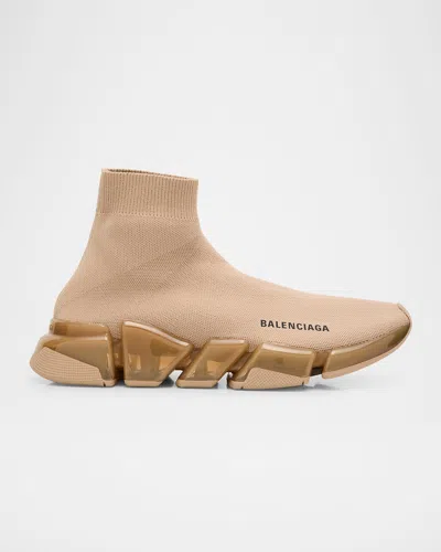 Balenciaga Speed 2.0 Knit Clear-sole Sneakers In Brown