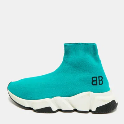 Pre-owned Balenciaga Speed Size 36 Turquoise Knit Fabric High Top Sneakers In Blue