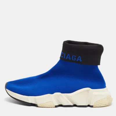 Pre-owned Balenciaga Speed Trainer Size 36 Blue Knit Fabric Fold-over High Top Sneakers