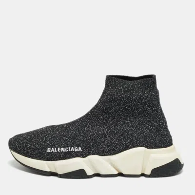 Pre-owned Balenciaga Speed Trainer Size 37 Black/silver Knit Fabric High Top Sneakers