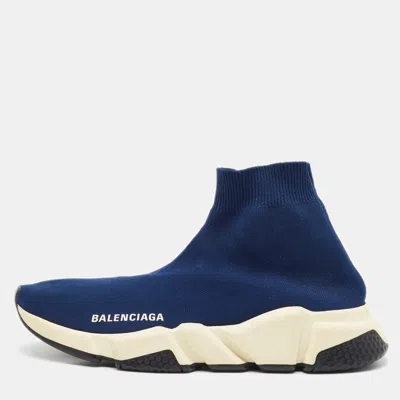 Pre-owned Balenciaga Speed Trainer Size 37 Navy Blue Knit Fabric High Top Sneakers