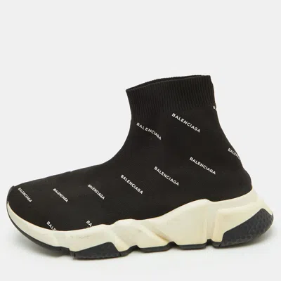 Pre-owned Balenciaga Speed Trainer Size 38 Black Knit Fabric Allover Logo Slip On Sneakers