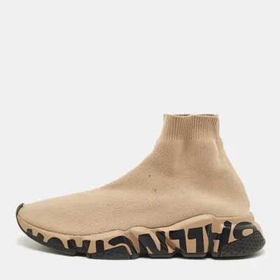 Pre-owned Balenciaga Speed Trainer Size 39 Beige Knit Fabric High Top Sneakers In Sand