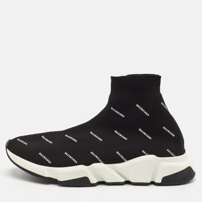 Pre-owned Balenciaga Speed Trainer Size 42 Black Knit Fabric Logo Print Slip On Sneakers