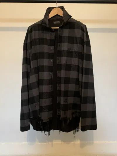 Pre-owned Balenciaga Sporty B Distressed Lined Flannel Overshirt