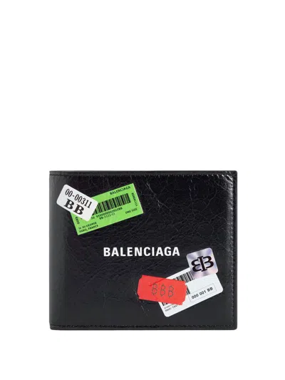 Balenciaga Square Bi-fold Wallet In Arena Leather With Multicolor Printed Stickers Accessories In Black