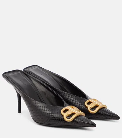 Balenciaga Square Knife Bb 80 Metallic Leather Mules In Black/oro Vint Sat
