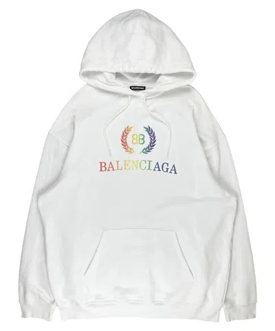 Pre-owned Balenciaga Ss19  Rainbow Crest Logo Embroidered Hoodie White