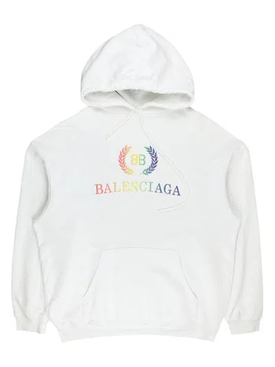 Pre-owned Balenciaga Ss19  Rainbow Crest Logo Embroidered Hoodie White