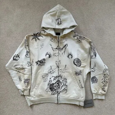 Pre-owned Balenciaga Ss24 Tattoo Zipup Hoodie In Light Beige