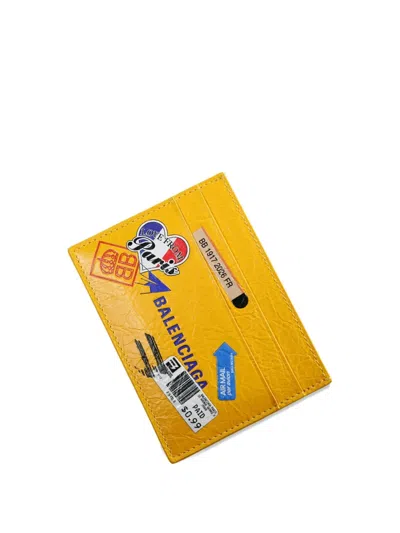 Balenciaga Stamp-print Crinkled-leather Card Holder In Yellow