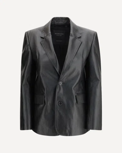Balenciaga Leather Jacket Single Breasted Notch Lapel In Black
