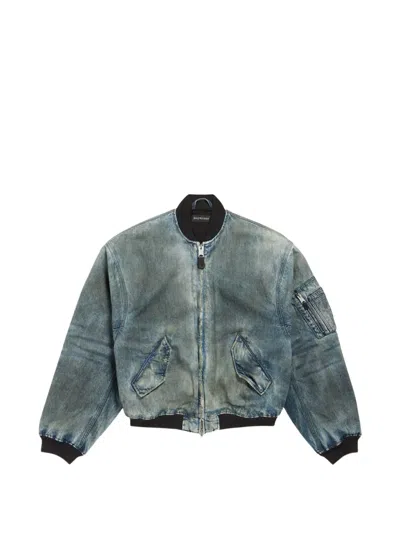 Balenciaga Standard Logo-print Faded-wash Cotton Bomber Jacket In Blue