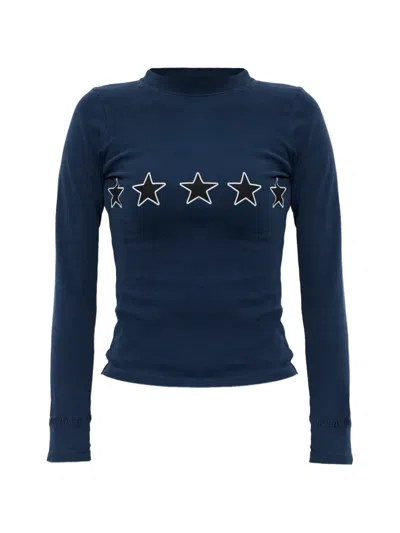 Balenciaga Cotton T Shirt Crew Neck Long Sleeves Star In Blue