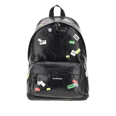 Balenciaga Sticker Print Arena Leather Explorer Backpack In Black