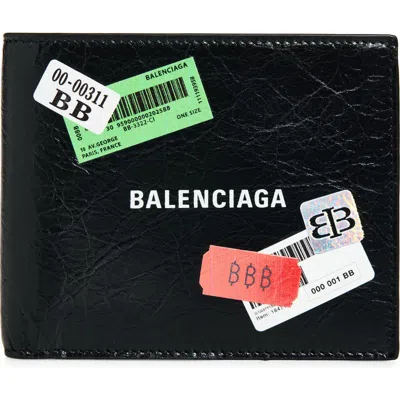 Balenciaga Sticker Square Leather Bifold Wallet In Black