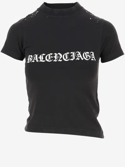 Balenciaga Stretch Cotton T-shirt With Logo In Black
