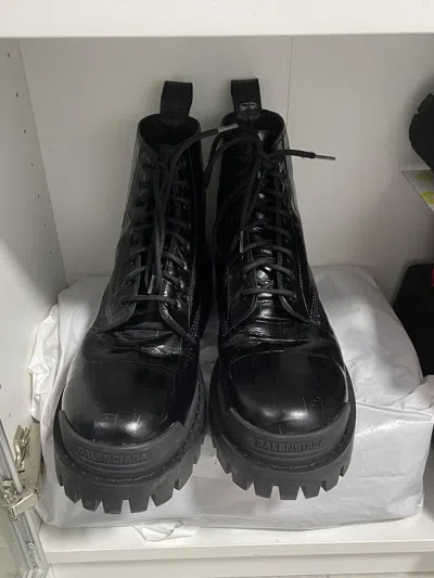Pre-owned Balenciaga Strike Boots Croc Effect In Black