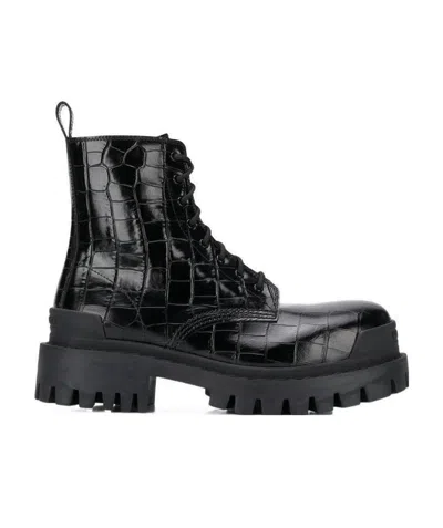 Balenciaga Strike L20 Crocodile Effect Chunky Boots In Black