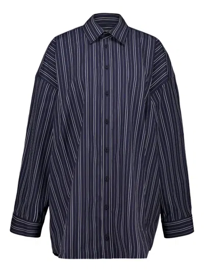Balenciaga Stripe Cotton Mini Shirt Dress In Blue