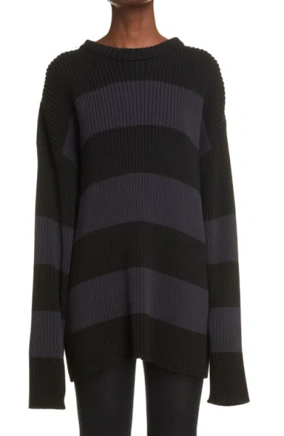Balenciaga Stripe Logo Oversize Rib Cotton Sweater In Black
