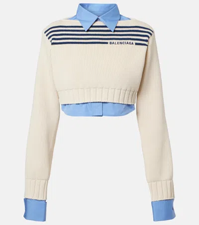 Balenciaga Striped Cropped Cotton Sweater In Neutral