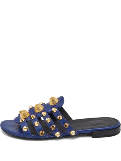 Pre-owned Balenciaga Stud Leather Slides In Blue