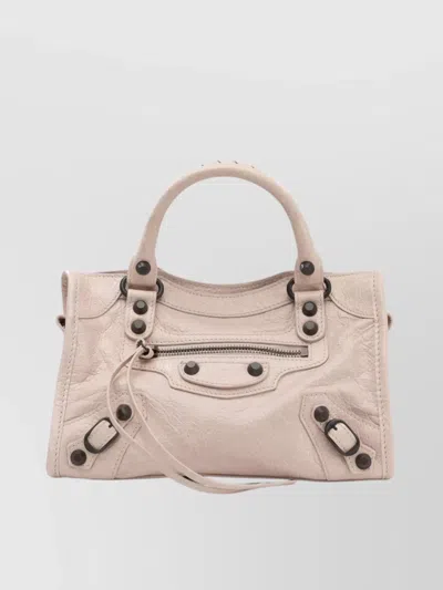 Balenciaga Studded Shoulder Bag With Textured Finish And Top Handle In Beige