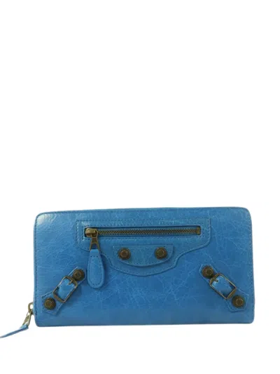 Pre-owned Balenciaga Stud-detail Zip-around Wallet In Blue