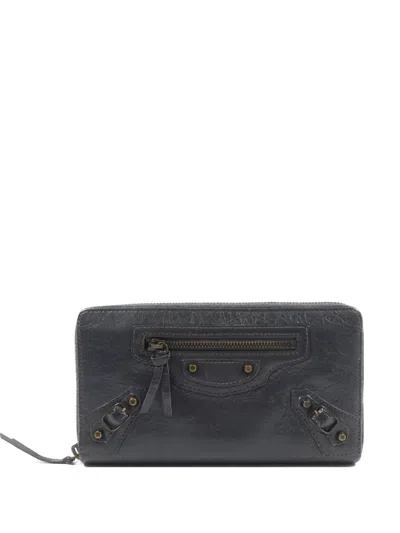 Pre-owned Balenciaga Stud-embellished Leather Wallet In Gray