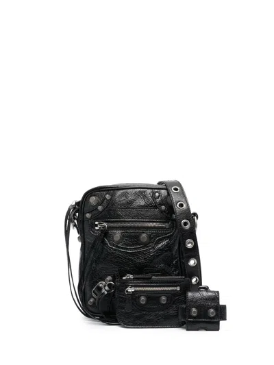 Balenciaga Black Leather Messenger Handbag With Customizable Pouch And Silver-tone Hardware