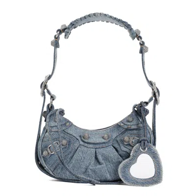 Balenciaga Blue Washed Denim Fringed Handbag With Mirror